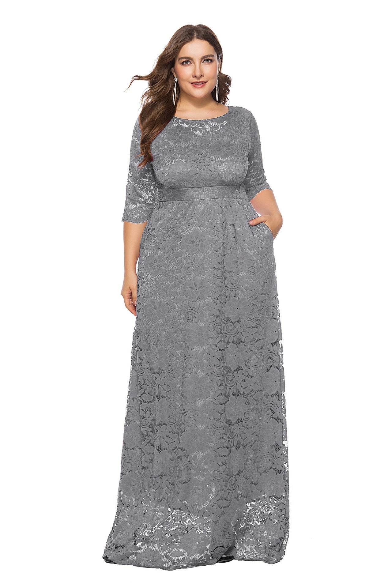 Plus Size Women New Hollow Lace Pocket Dress - Mubimart