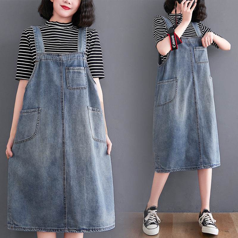 Women's New Loose Large Size Denim Suspender Dress - Mubimart