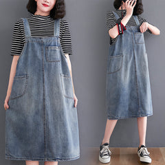 Women's New Loose Large Size Denim Suspender Dress - Mubimart - Denim Dress 