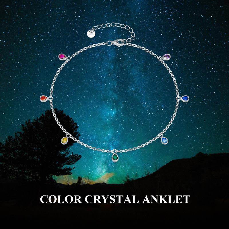 Anklets for Women Sterling Silver Multi Color Oval Rainbow Anklet Bracelets Fashion Jewelry Gifts for Women Teen Girls Friend Birthday - Mubimart