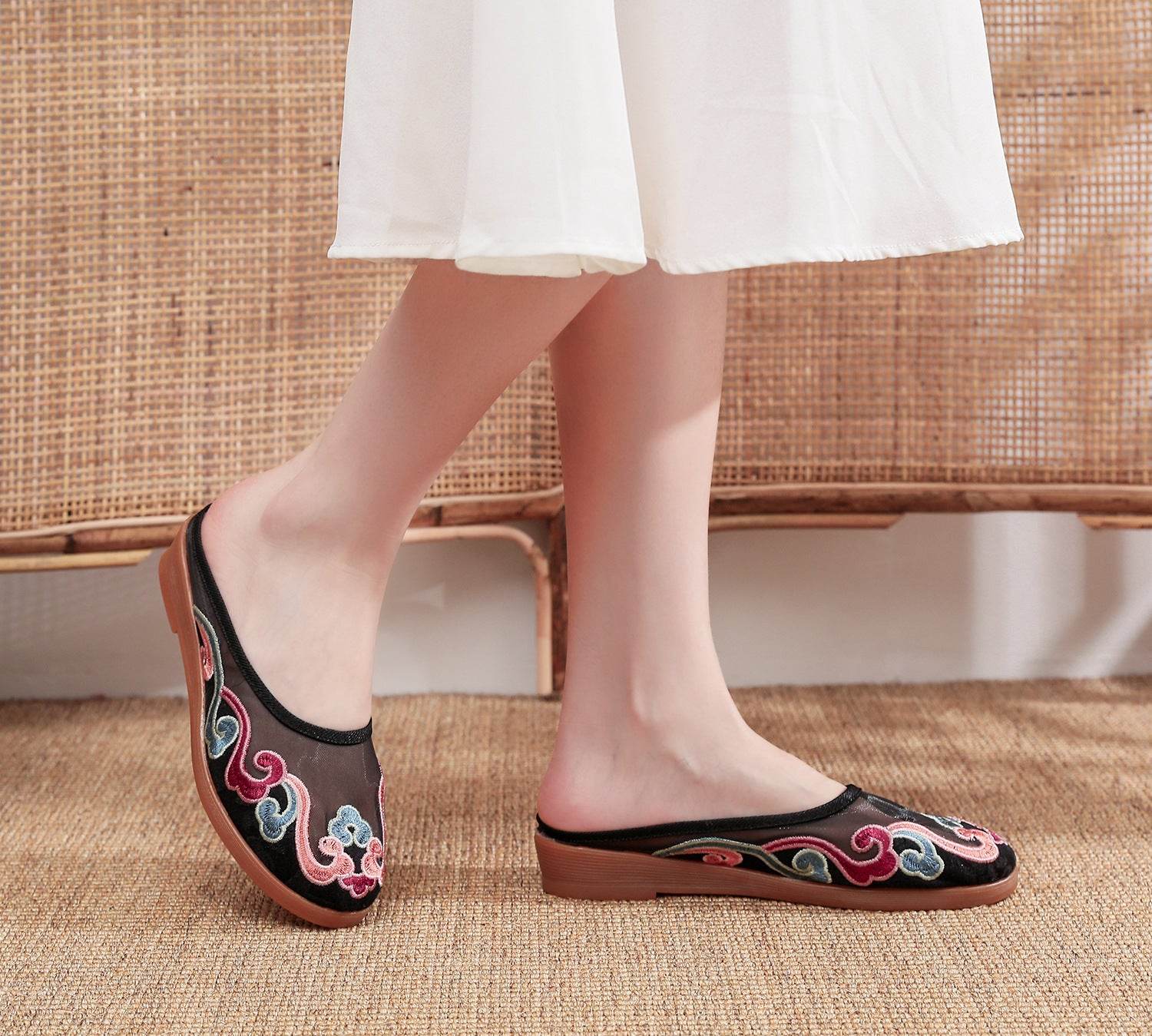 Slippers Mesh Embroidered Cotton Shoes Casual Women Outdoor Slippers - Mubimart