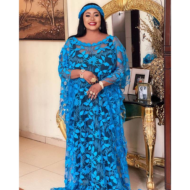 Lace Embroidery Loose Plus Size Robe Including Headscarf Dress - Mubimart