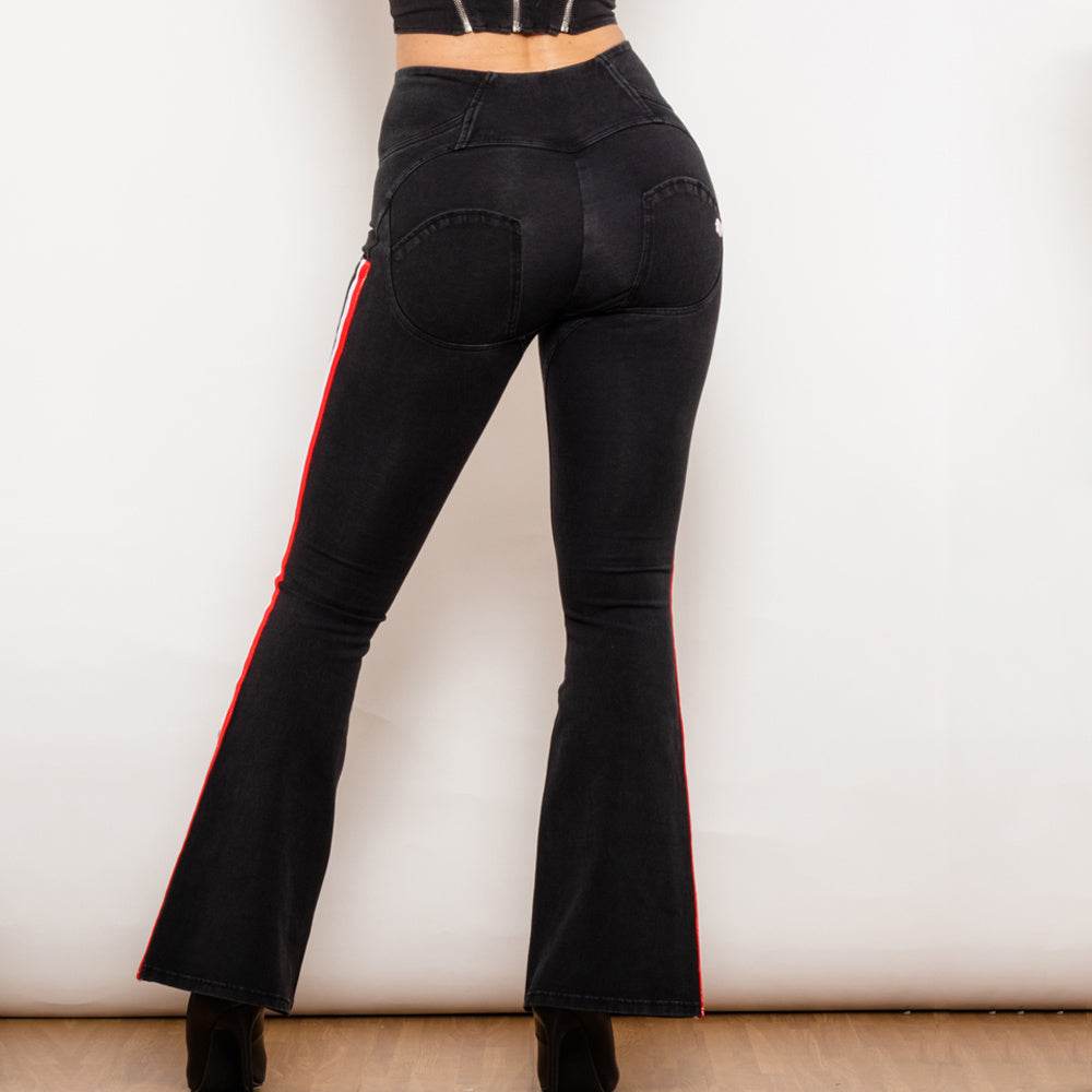 Shascullfites Melody Black Striped Flared Lift Jeggings Button Up Jeans Shaping Jeans Women High Waist Flare Jeans - Mubimart
