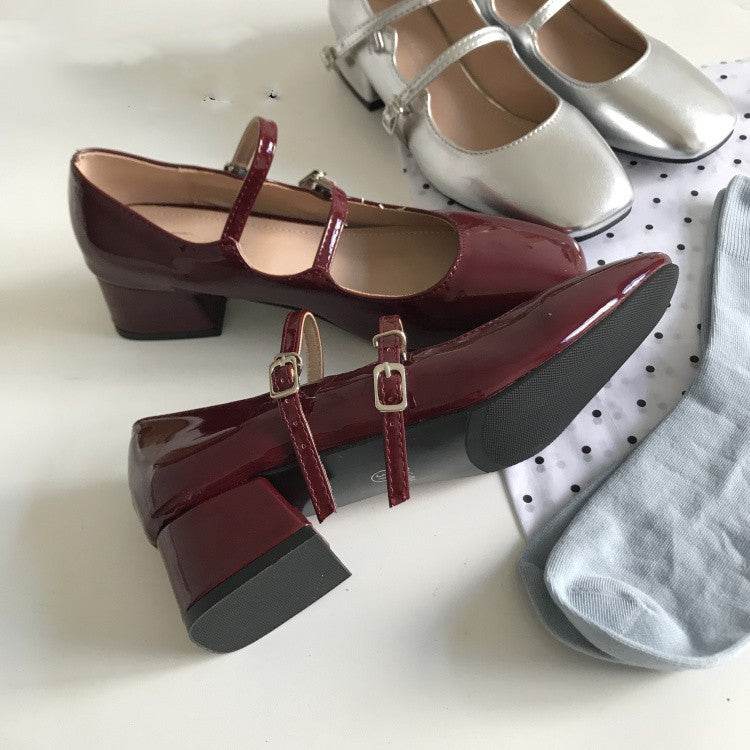 French Retro Square Head Silver Mary Jane Shoes - Mubimart
