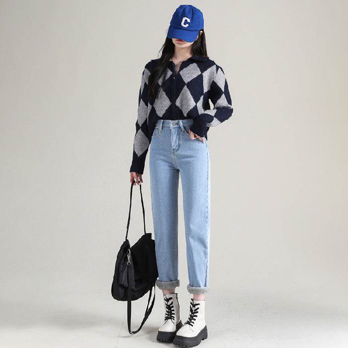 High Waist Thickened Fleece Padded Jeans Women Straight - Mubimart