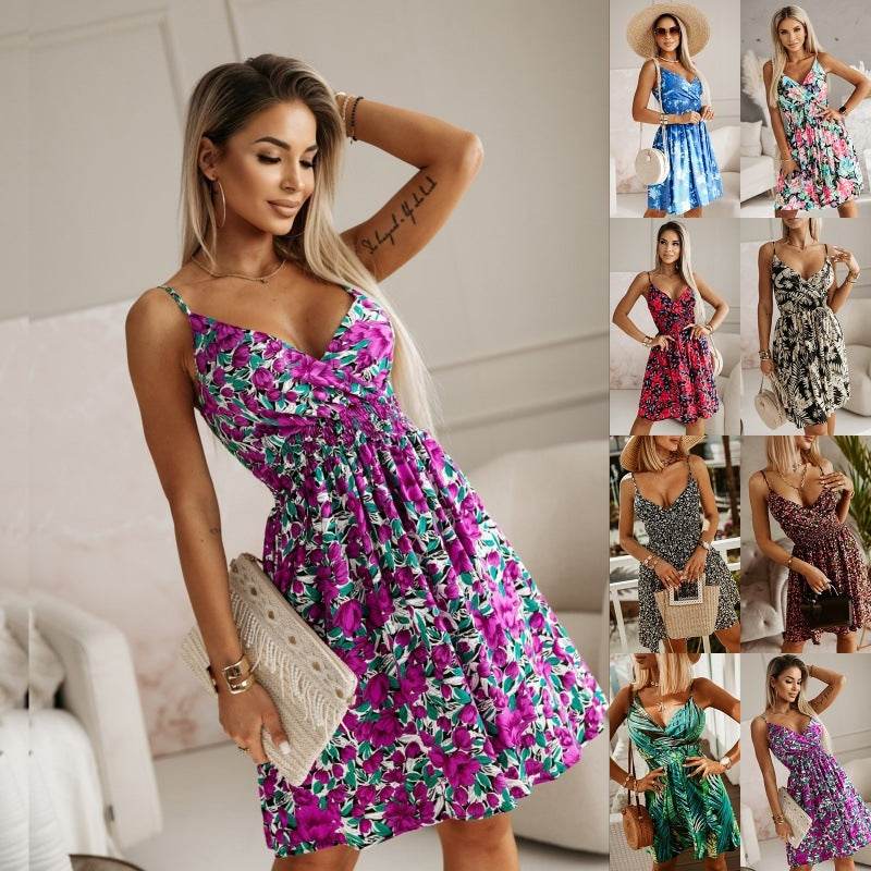 Fashion Flowers Print Suspender Dress Summer V-Neck Pleated Short Dresses For Beach Womens Clothing - Mubimart
