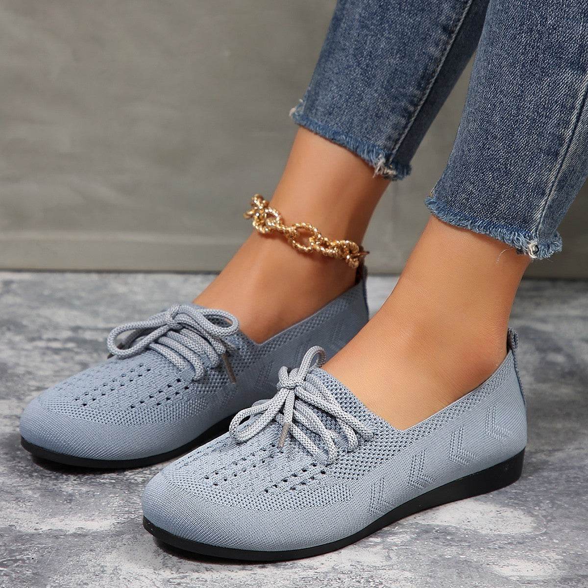 Lace-up Flats Women Fashion Breathable Lazy Mesh Shoes - Mubimart