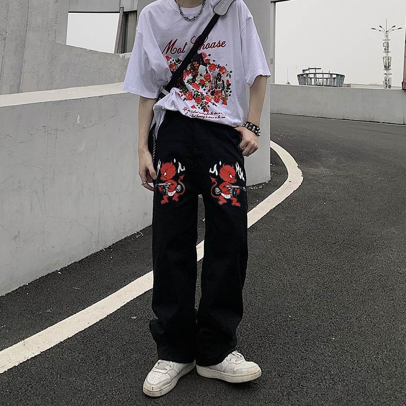 Mens Fashion Casual Print Loose Jeans - Mubimart