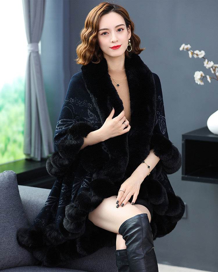 Imitation Rex Rabbit Fur Collar Shawl Cape Women's Plus Size - Mubimart