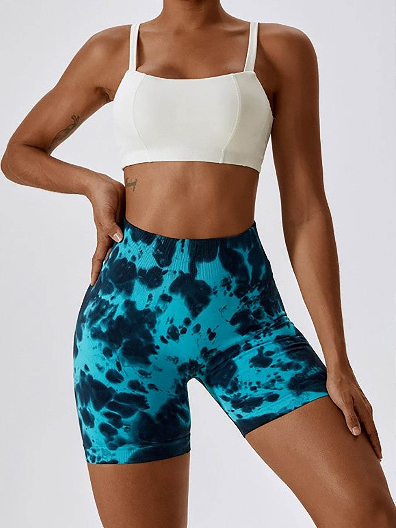 High Waist Tummy Control Yoga Shorts For Women, Tie-Dye Ruched Booty Lifting Workout Fitness Shorts, Hip Lifting Sports Activewear, Gym Exercise Running Shorts - Mubimart