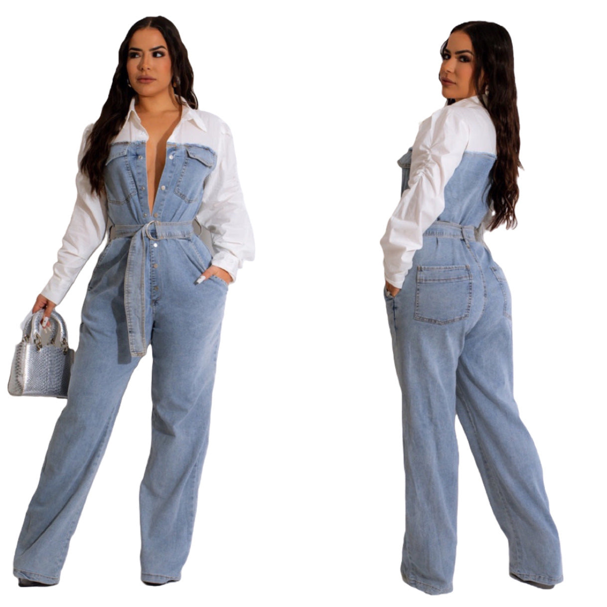 Casual Denim Stitching Plus Size Jumpsuit - Mubimart -  