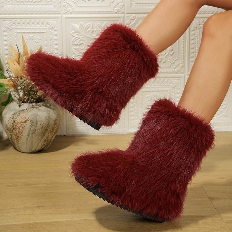 Fashion Long Plush Snow Boots Winter Warm Mid-tube Furry Cotton Shoes For Women Short Boot - Mubimart