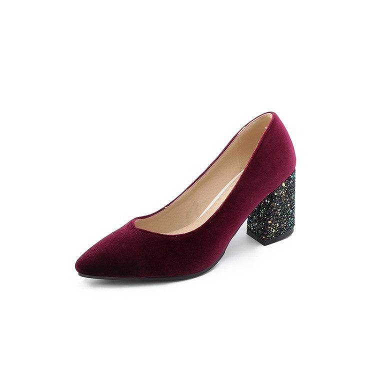Women's Sequined Chunky High-heeled Pointed Pumps - Mubimart