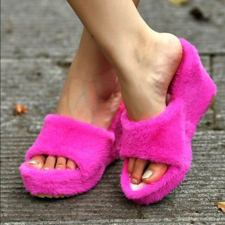 Wedge Heels Hair Shoes Height Slippers For Women - Mubimart