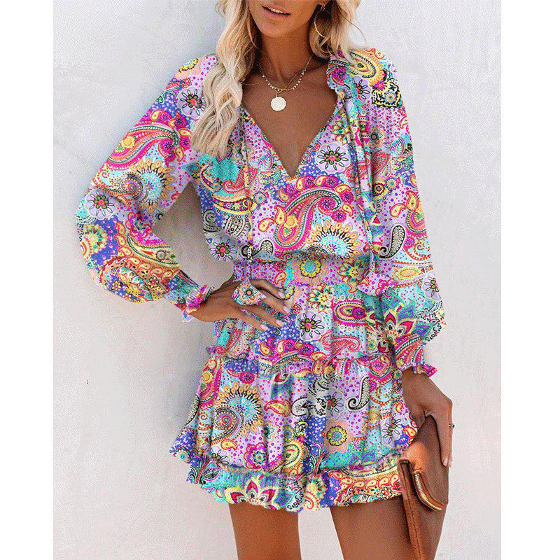 Flowers Print Long Sleeve Dress Fashion Patchwork Puff Sleeve Waist Dresses Womens Clothing - Mubimart -  