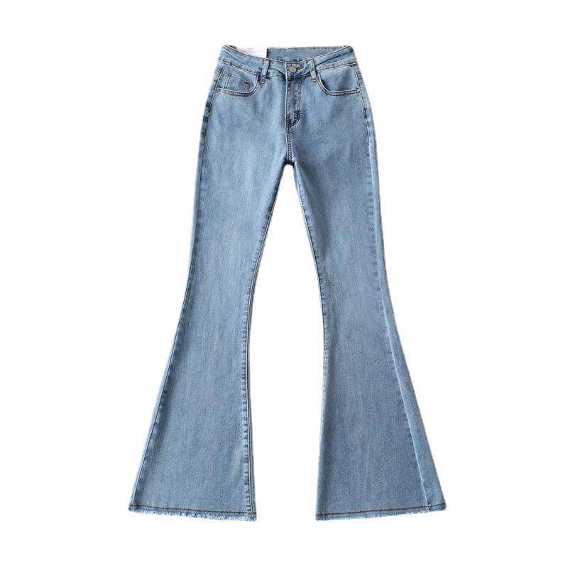 Autumn And Winter Fashion Small High Waist Raw Hem Jeans Retro Distressed Small Man Stretchy Wide-leg Slim Flare Pants - Mubimart