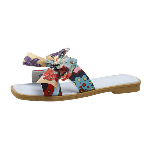 Ribbon Bow Sandals Summer New Square Toe Low Heel Sandal For Women Slides Fashion Casual Beach Shoes - Mubimart