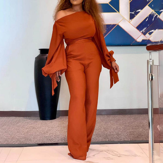 Solid Color Plus Size African Off-the-shoulder Jumpsuit - Mubimart