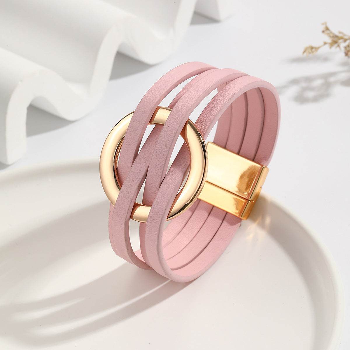 Cross Leather Women Bracelet Metal Big Ring Cuff Bangle Multi-layer Wristband Magnetic Snap Bangle - Mubimart