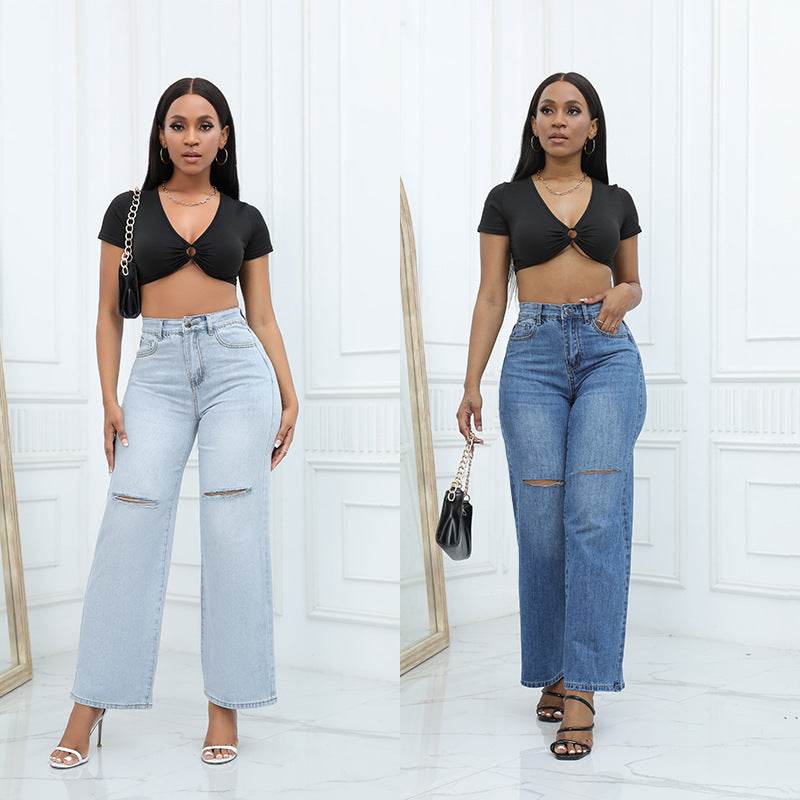 Elegant Ripped Wide-leg Jeans Women - Mubimart