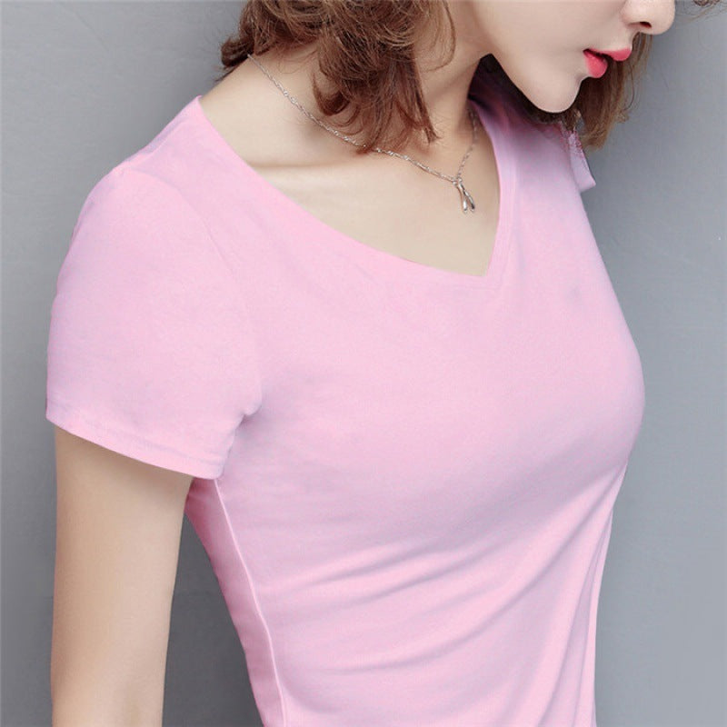 S-5XL Women's Cotton T-shirt Summer V-neck Tops Tees Female - Mubimart -  