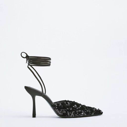 Women's Black Blue Sequin Slingback High Heel Mules - Mubimart