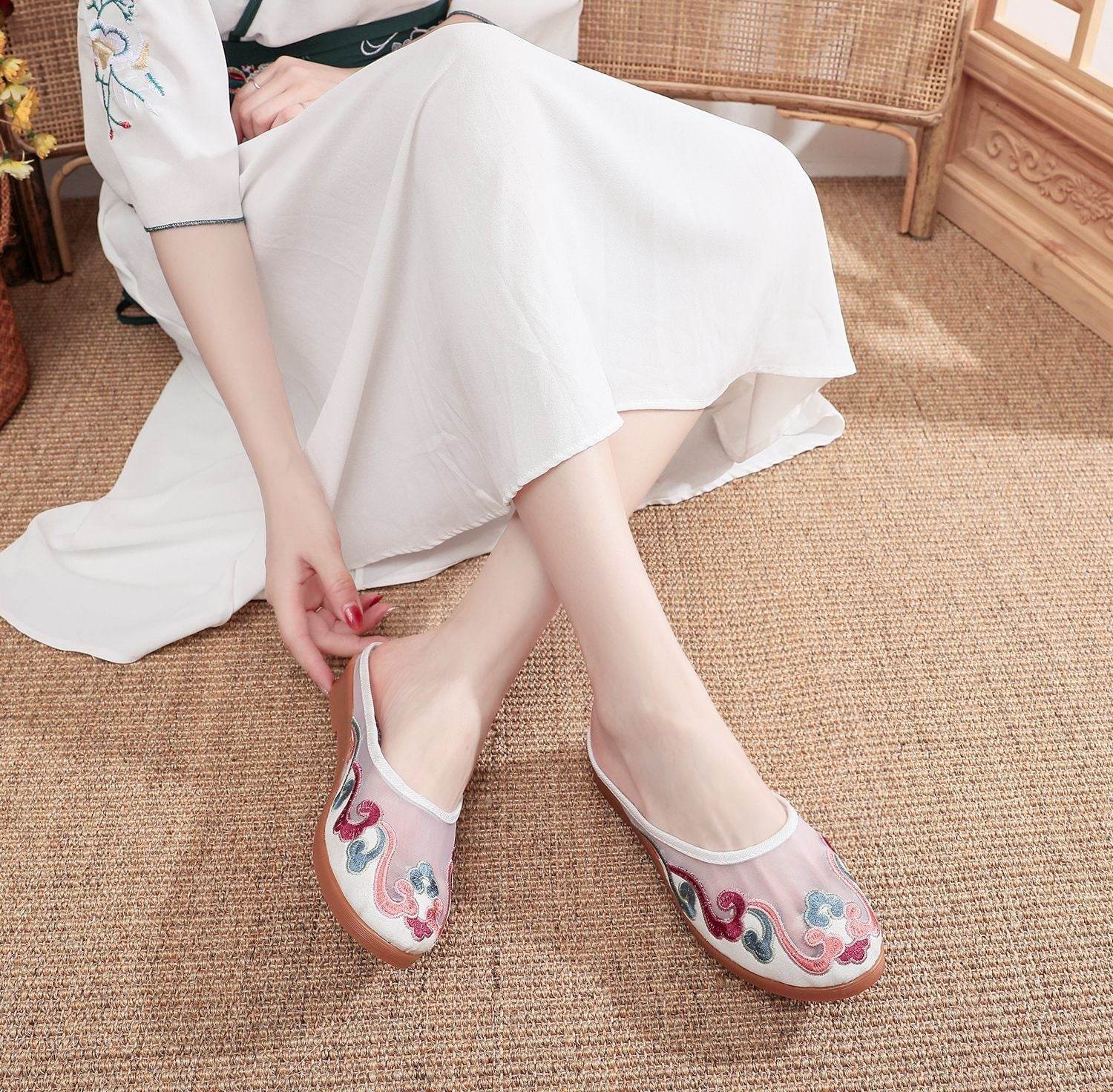 Slippers Mesh Embroidered Cotton Shoes Casual Women Outdoor Slippers - Mubimart