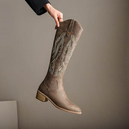 Retro Chunky Heel Embroidery Western Cowboy Boot Women - Mubimart