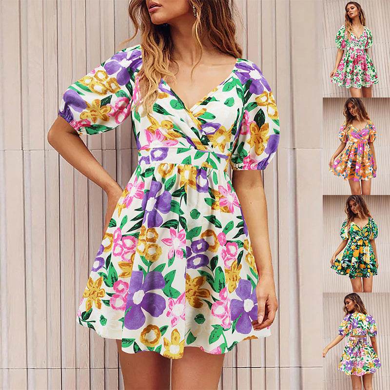 Flowers Print V-Neck Lantern-sleeve Dress Y2K Summer Vacation Beach Short Dresses Fashion Womens Clothing - Mubimart