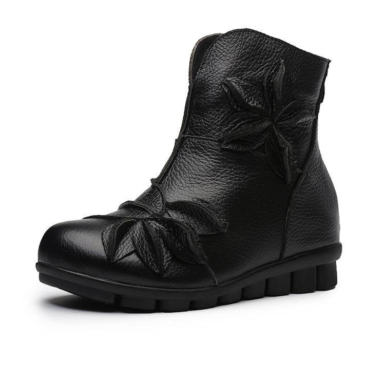 New Genuine Leather Mom Booties Women's Flat Bottom Comfort Ethnic Style Women's Boots - Mubimart