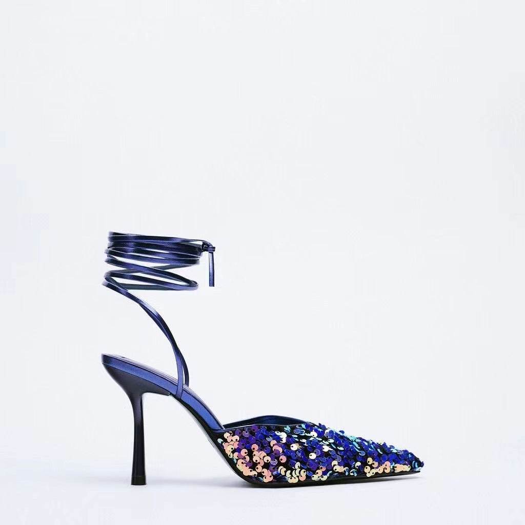 Women's Black Blue Sequin Slingback High Heel Mules - Mubimart
