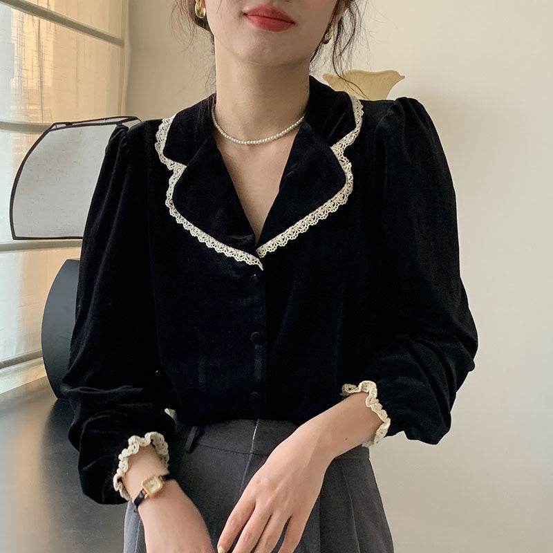 Bubble Sleeve Velvet Blouse Top For Women - Mubimart
