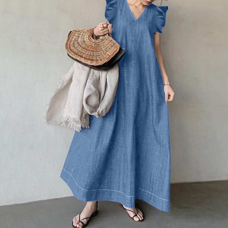 Denim Solid Color V-neck Bohemian Loose Large Size Long Dress - Mubimart -  