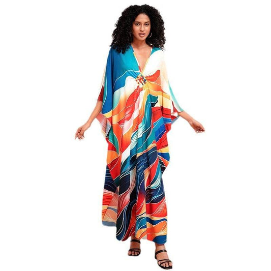 Print Holiday Loose Plus Size Robe Beach Cover-up Dress - Mubimart