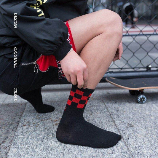 Trendy Pure Cotton Mid-calf Length Socks High-top Skateboard Basketball Socks Fashion Striped Athletic Socks - Mubimart