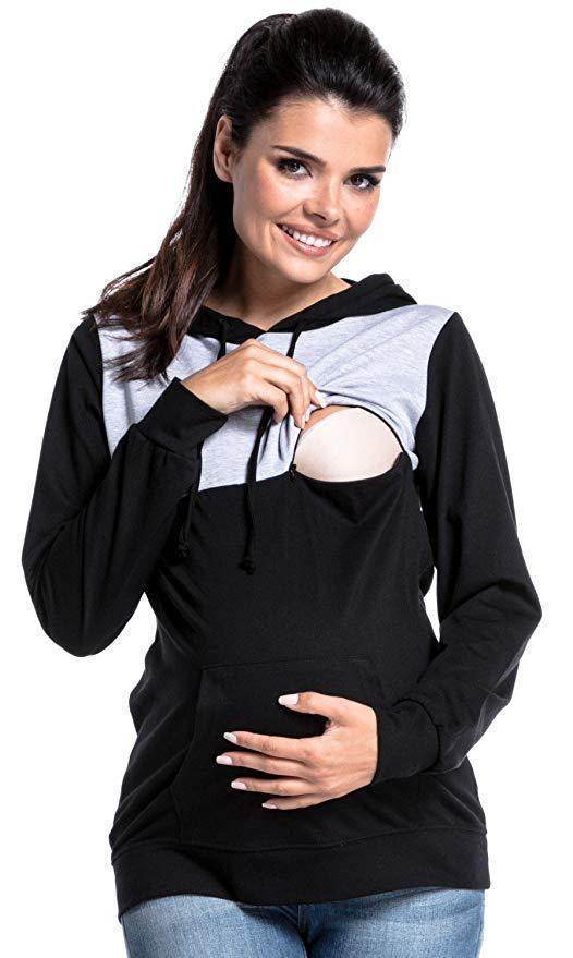 Hooded Colorblock Maternity Nursing Top Sweatshirt - Mubimart