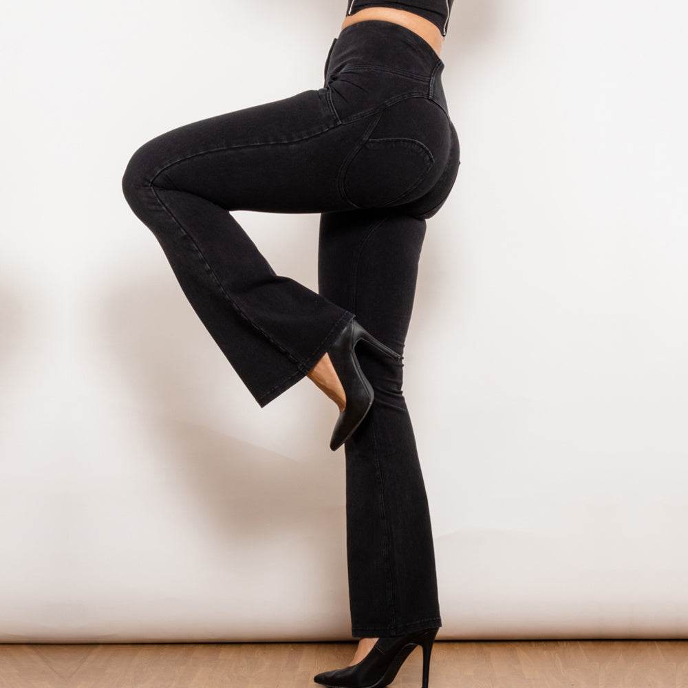 Shascullfites Melody Black Flared Lift Jeggings Button Up Flare Jeans Shaping Bum Lift Pants High Waist Jeans Women - Mubimart
