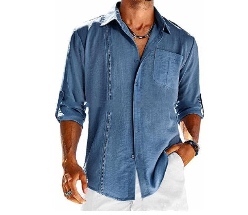 Casual  Long Sleeve Shirt With Pocket Lace Polo Collar Solid Color Button Mens Clothing