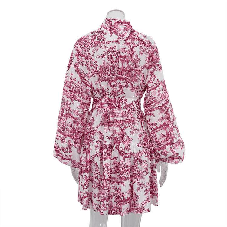 Ink Print Long Sleeve Short Dress With Fashion Puffy Sleeve Lapel Tie A-Line Dress Clothing - Mubimart