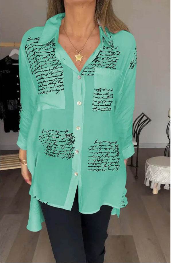 Letter Print Long Sleeve Shirt Fashion Commuter Style Lapel Shirt Women's Clothing - Mubimart