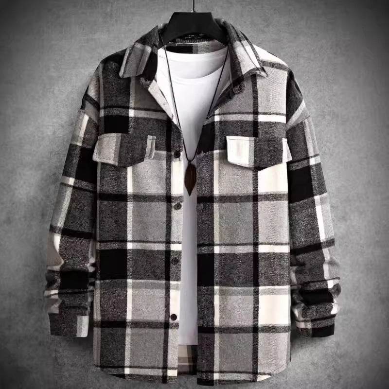 FallWinter Slim Brushed Plaid Long Sleeve Flannel Shirt Men - Mubimart