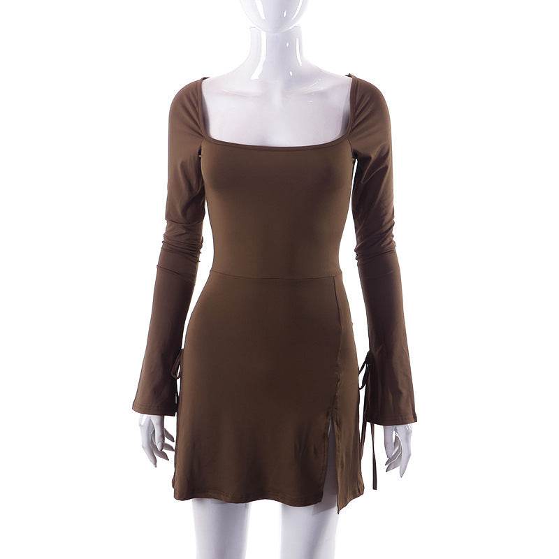 Ins Square-neck Long Sleeve Dress Fashion Slim Hip-covering Split Design Short Skirt Women's Clothing - Mubimart