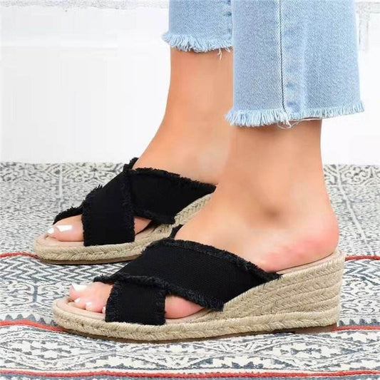 Women's Wedge Heel Espadrille Cross Strap Sandals - Mubimart