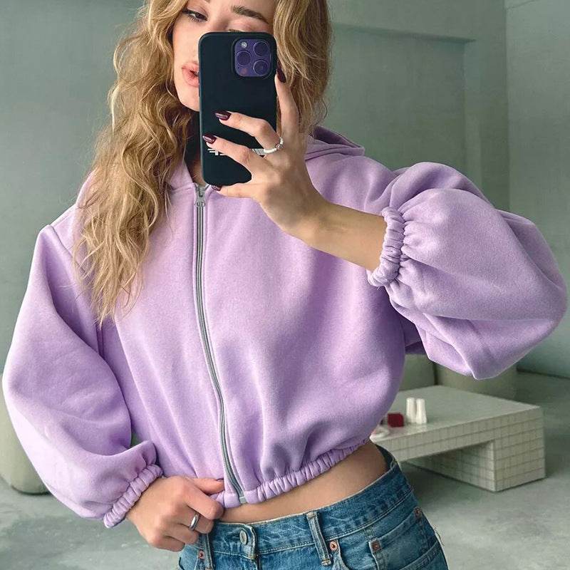 Casual Solid Color Hooded Short Jacket Y2K Fashion Sports Sweatshirt Long Sleeve Zipper Cardigan Hoodies Women's Clothing - Mubimart