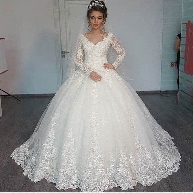 Women's Long Sleeve Lace Wedding Dresses Bridal - Mubimart