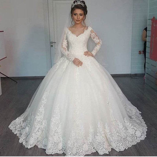 Women's Long Sleeve Lace Wedding Dresses Bridal - Mubimart