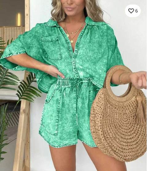 2pcs Loose Denim Suits Summer Casual Bat Sleeve Shirt And Drawstring Shorts With Pockets Women's Set - Mubimart