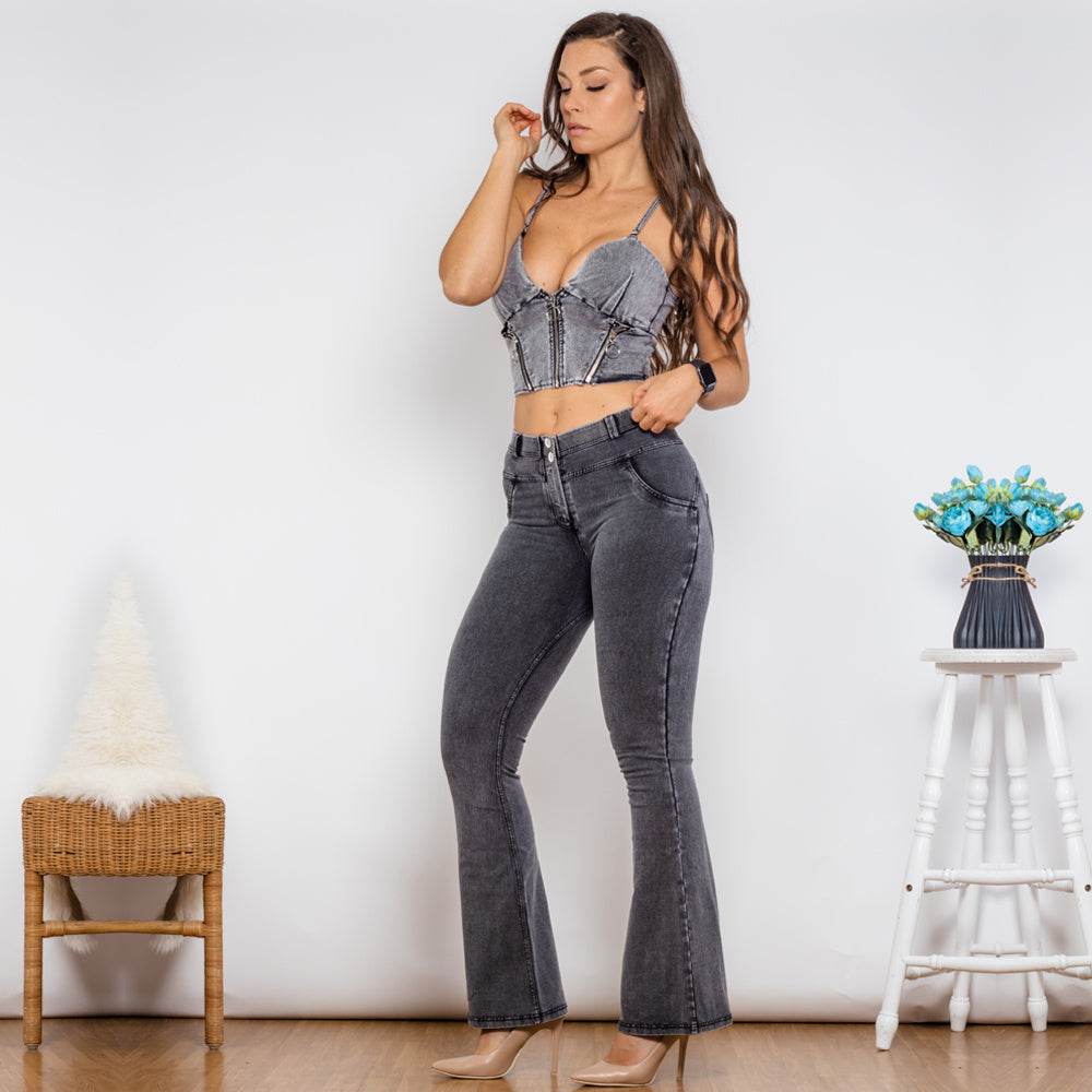 Shascullfites Shaper Suit Grey Denim Bodysuit Zipper Push Up Top Middle Waist Butt Lift Flare Jeans Women Two Piece Outfits - Mubimart