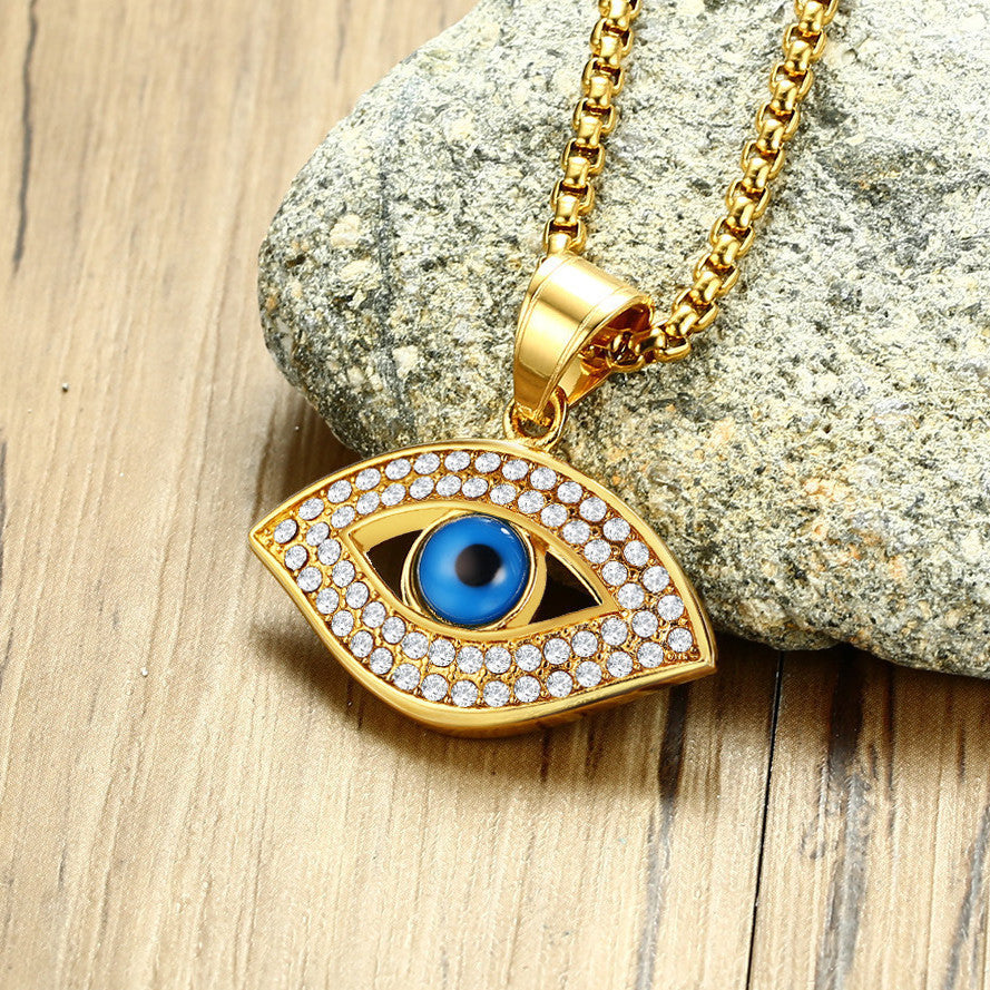 Mens Fashion Stainless Steel Rhinestone Evil Eye Pendant Necklace