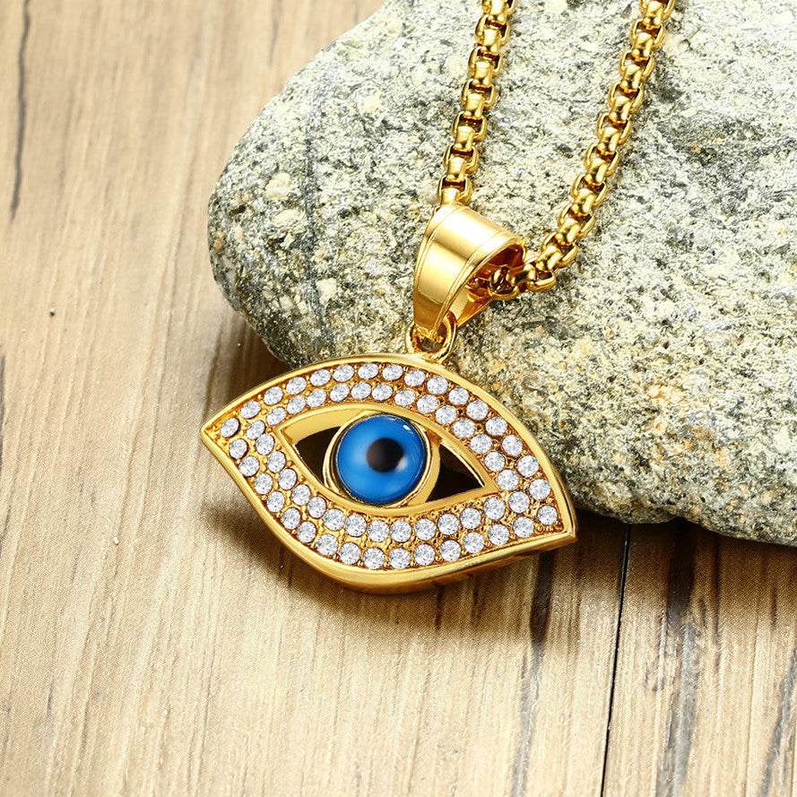 Mens Fashion Stainless Steel Rhinestone Evil Eye Pendant Necklace - Mubimart